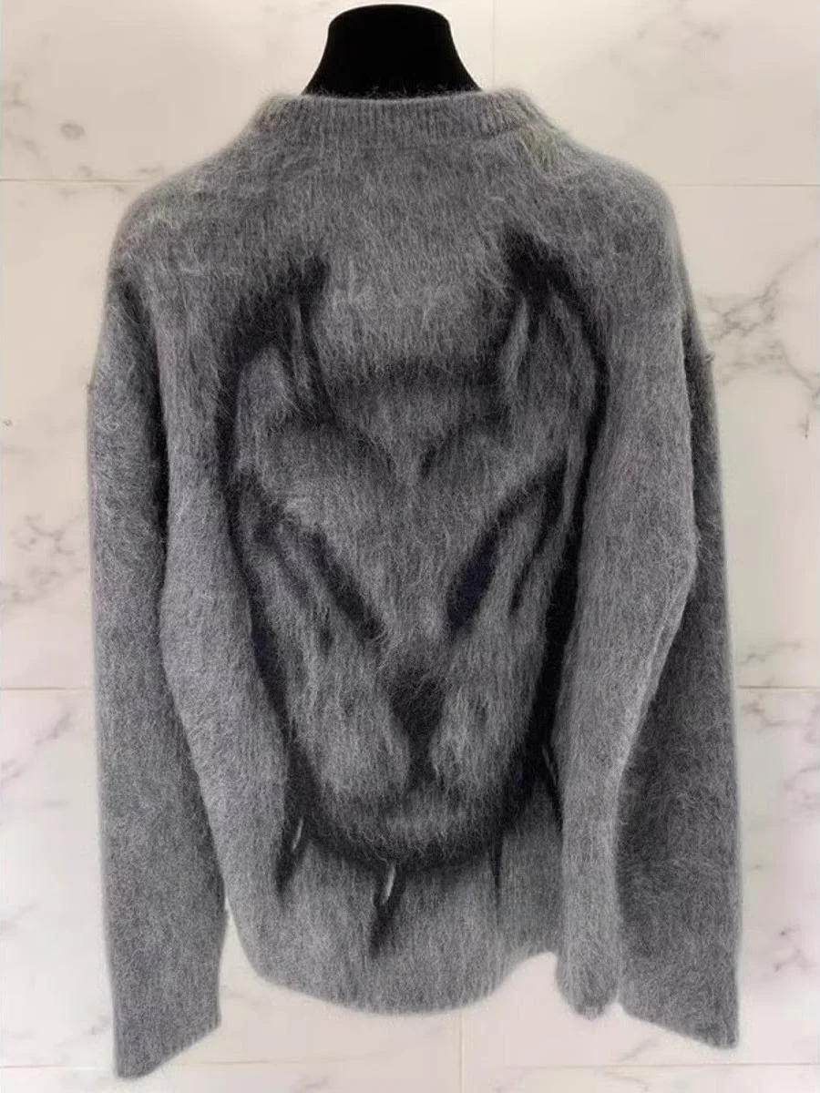 

Retro American ey fiti Dog Head Pattern Camere Overhead Sweater Men's Winter Design round Ne Knitted irt