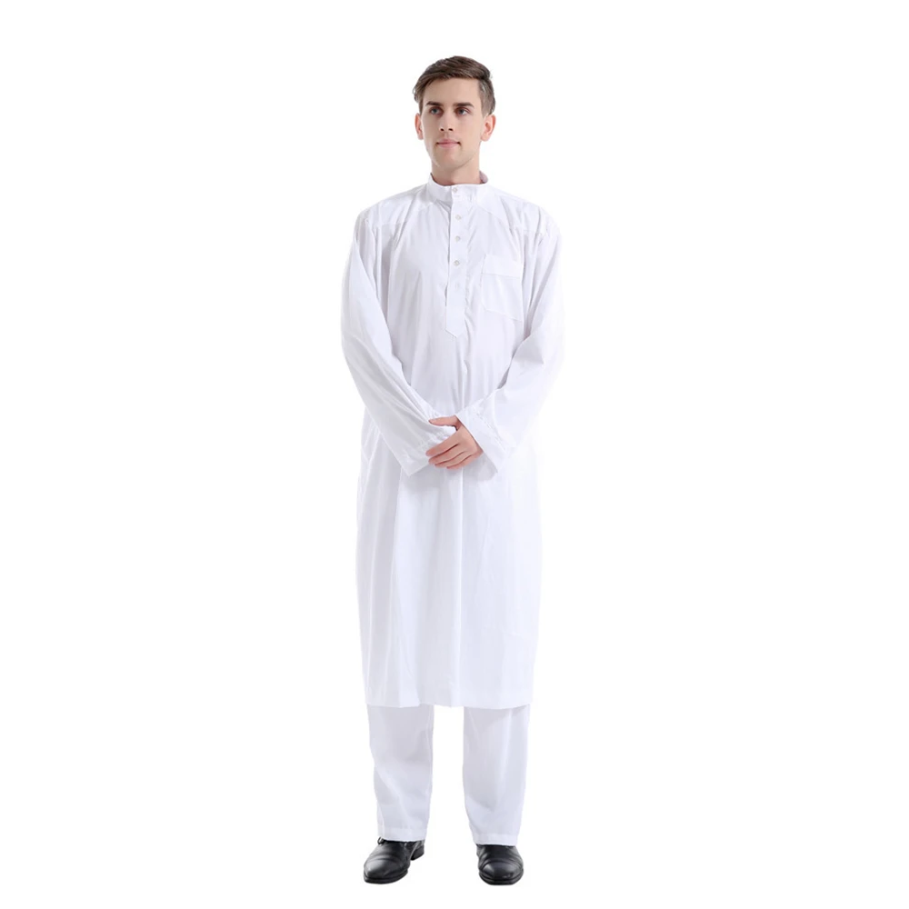 2PCS Muslim Men's Clothing Eid Ramadan Saudi Arabic Long Sleeve Tops Pants Set Turkey Jubba Thobe Islam Dubai Abaya Kaftan Suit