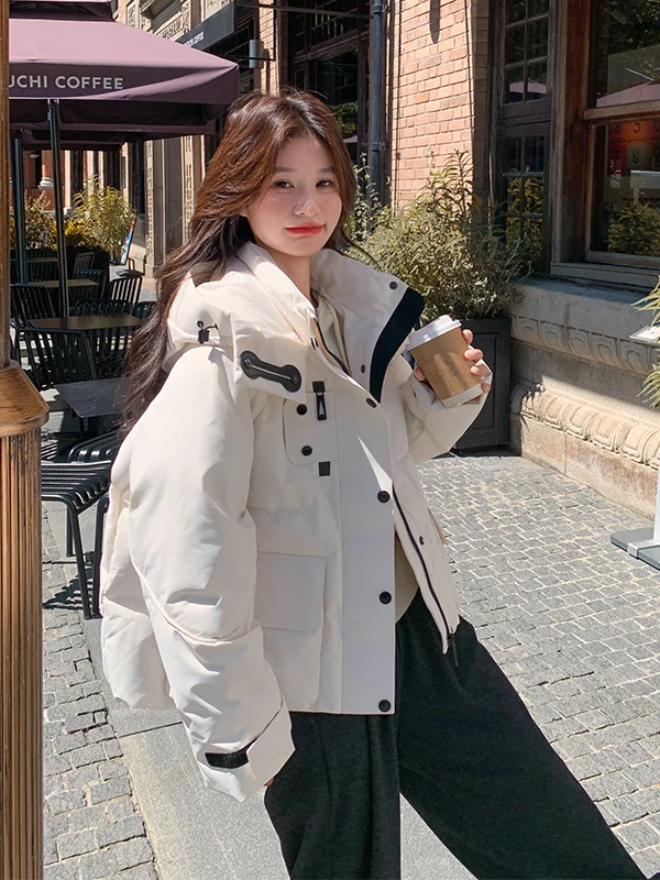 화이트 오르트 파카 슬레 두 다운 자켓 여성용 겨울 패션 디자인 캐주얼 루즈핏 따뜻한 지퍼 클로저 코트