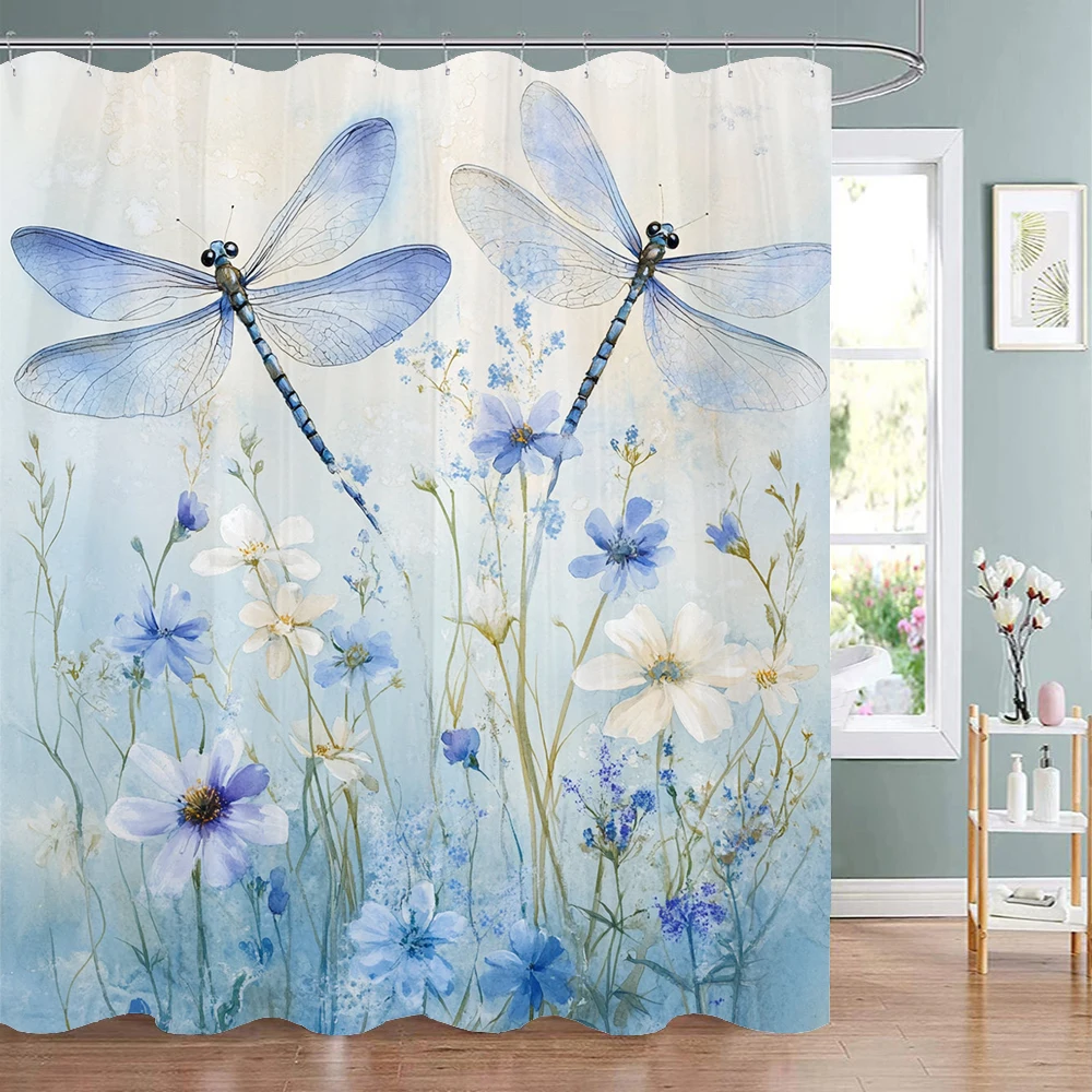 

Blue Watercolor Floral Butterfly Shower Curtain, Bathroom Decorative Shower Curtain, Waterproof Shower Curtain with Hooks