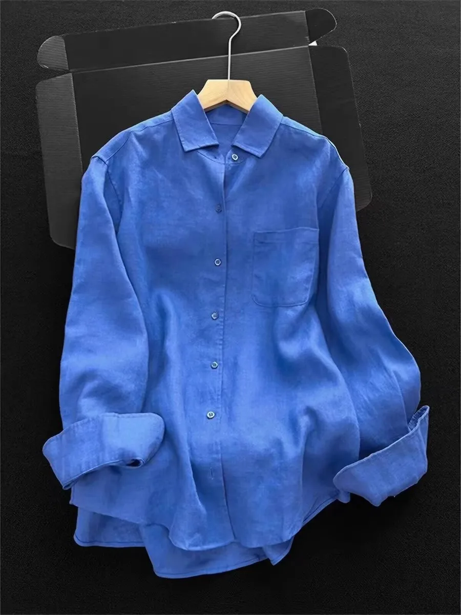 Blue Cotton Linen Women's Shirt Versatile Loose Fit Long Sleeve Shirt for Early Autumn 2026 Fashionable plus Size Top