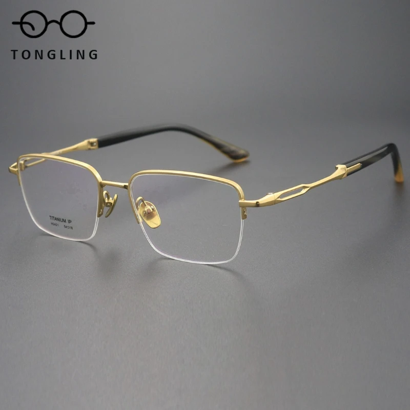 New High-Quality And Fashionable Handcrafted Classic Men Half-Frame Water Buffalo Horn IP Electroplated Business Glasses Frame