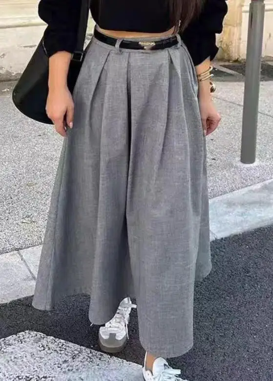 

2025 Autumn/winter Casual Hot Girl Pleated Solid Color Midi Skirt for Women - High Waist A-Line Flared Skirt Fashion Daily Wear
