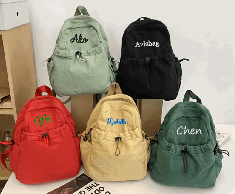 

Personalized Travel Backpack Washed Canvas Fabric Large Capacity For Students Drawstring Pure Color Casual School Bag Climbing
