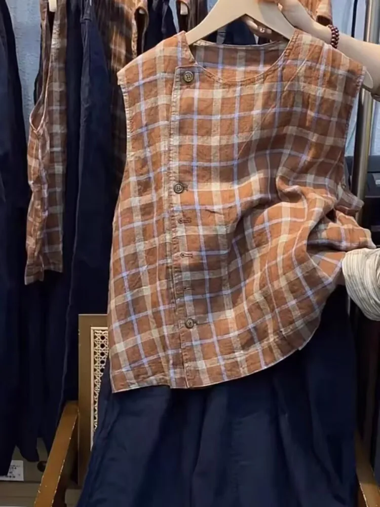 

Retro Plaid Women's Vest Loose Fit Svel irt Large Size Slimming Trendy Casual round Ne Open Cardigan Summer Top