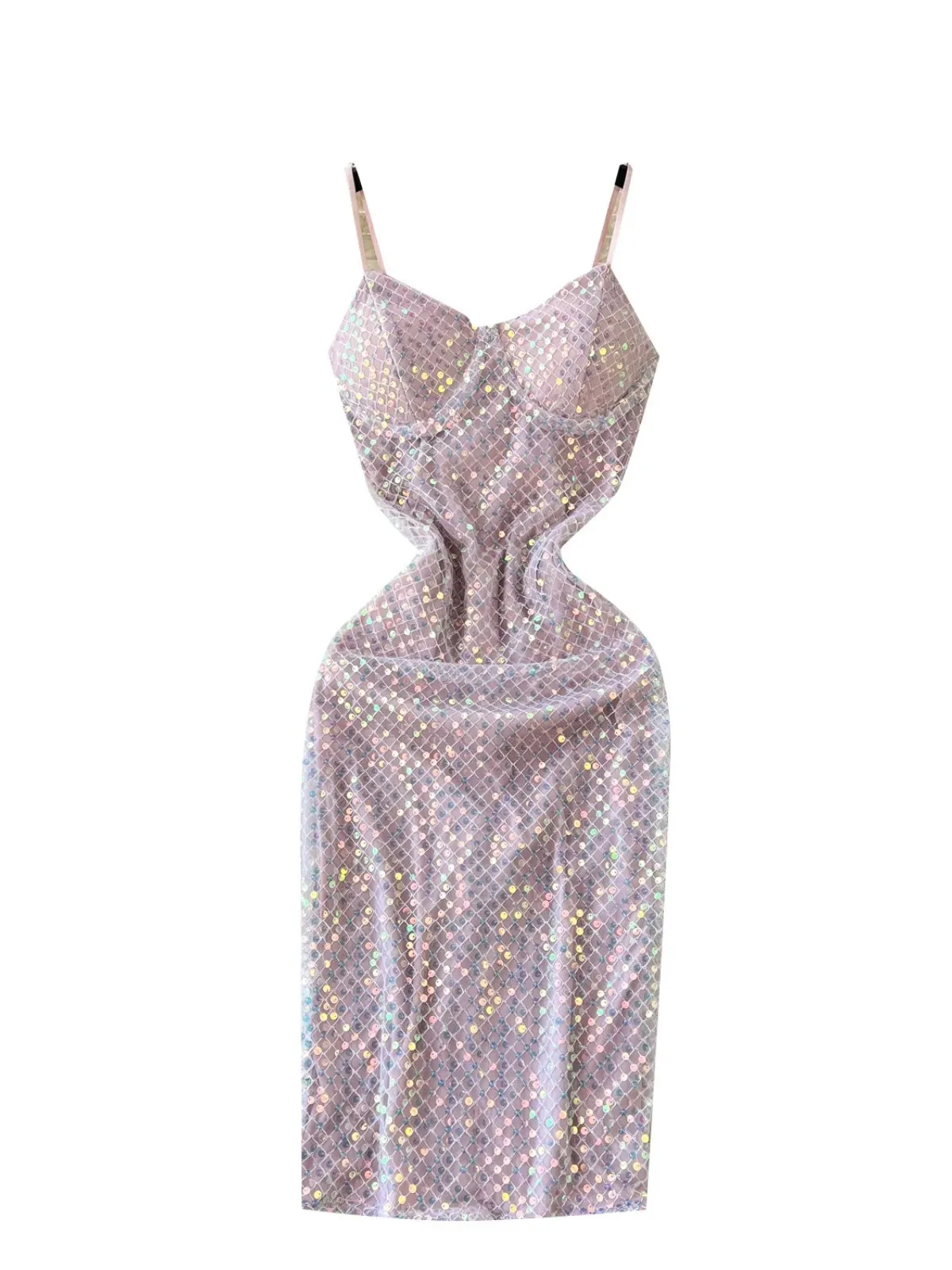 SSTss-vestido Sexy de lentejuelas brillantes con tirantes finos para mujer, elegante, con cuello en V, sin mangas, ajustado, con abertura en la espalda, para fiesta