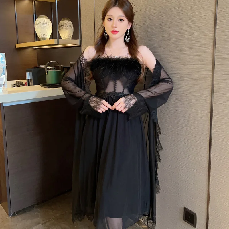 Princess Court Style Robe Set Women Sleepwear Home Clothes Hollow Out Lace Mesh Kimono Bathrobe Gown Suit Nightgown Lingerie