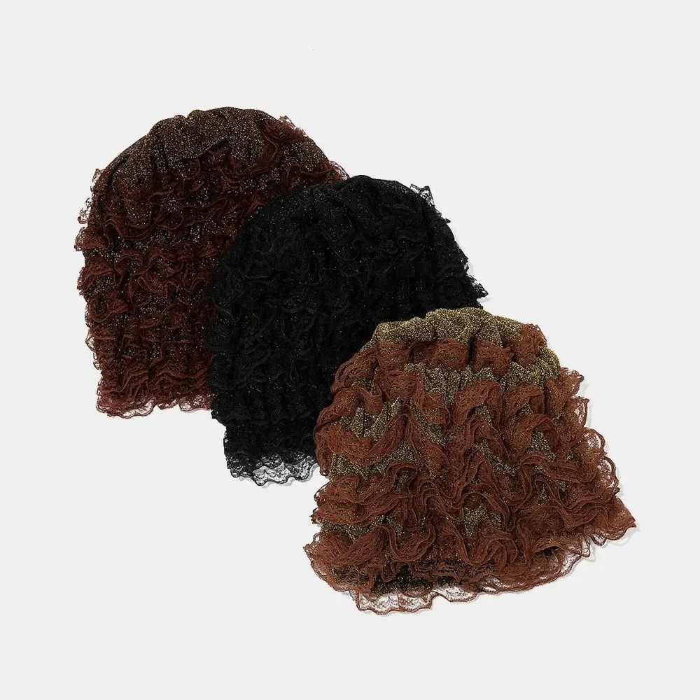 Soft Beauty Lace Curling Hat Breathable Polyester Elastic Curly Hair Hat Solid Color Brimless Beanie Mesh Lace Pullover Cap