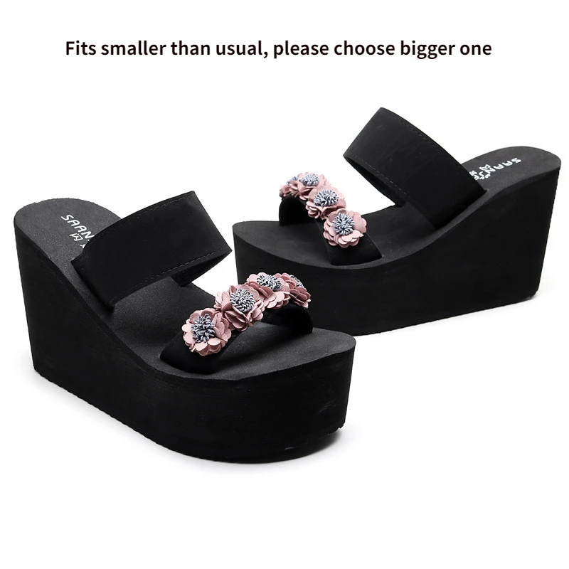 9cm Super High Heels Flower Slippers for Women Wedged Heeled Outdoor Casual Slides Flip Flops Summer Beach Holiday Floral Shoes