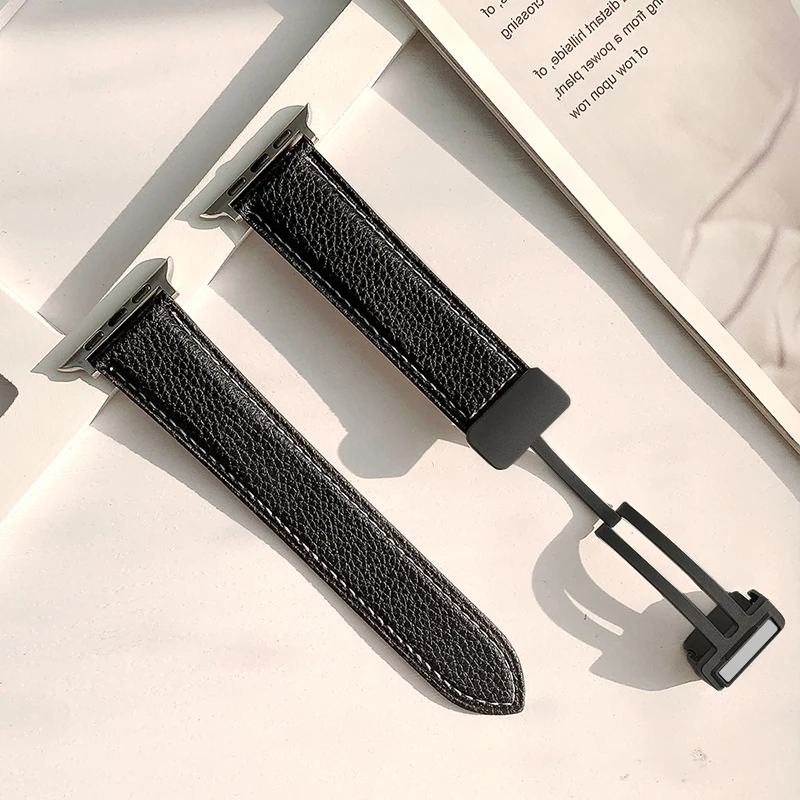 Magnetic Folding Buckle Band For Apple Watch 44mm 40mm 45/41/49mm 38/42mm Leather Strap iwatch Series Ultra 8 7 se 6 54 Bracelet