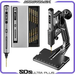 ARROWMAX-Mini perceuse électrique sans fil SDS Ultra Plus, kit de perceuse à main avec presse de paillasse pour l'artisanat, le bois, le plastique, la maison, le bricolage
