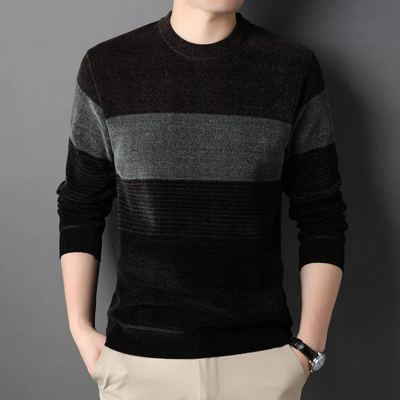 Pulôver de pelúcia gola redonda masculino, suéter solto de malha, espessado e quente, listras com cores contrastantes inferior, outono e inverno