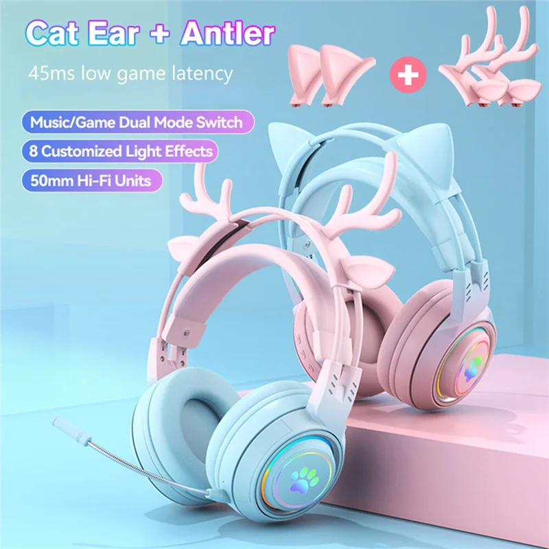 Cute Antlers Cat Ear Wireless Bluetooth Headphone Gamer Earphone Gaming Headset With RGB Light For Kid