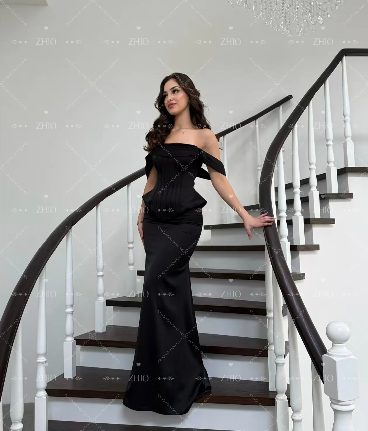 فستان سهرة بحورية البحر باللون الأسود الأنيق من ZHIO بدون أكتاف متدرج بطول الأرض من الساتان العربي السعودي فستان حفلات رسمي مخصص