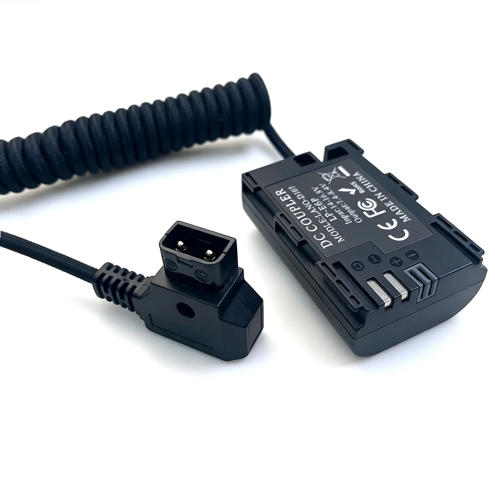 Black D‑Tap to LP‑E6P Dummy Battery Coiled Power Cable Braided for Canon R5 R6 R6 Mark II R7 90D 80D Camera Continuous Power Sup