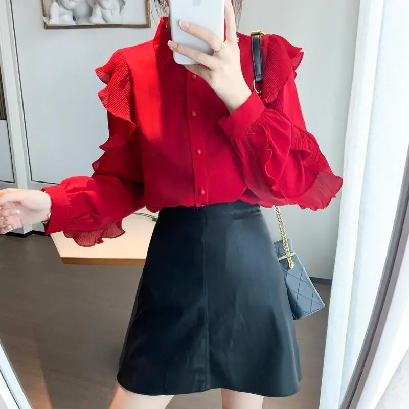 Women Red Ruffle Elegant Chic Sweet Fashion Button Up Shirt Casual Turn Down Collar Long Sleeve Blouse Top Blusas Mujer Clothes