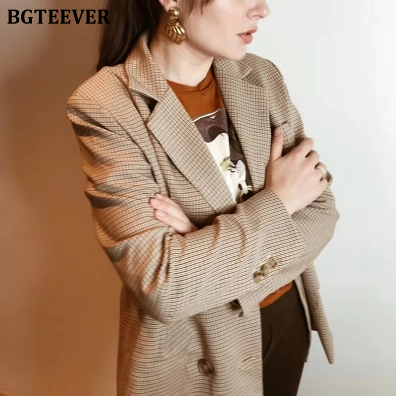 BGTEEVER Classic Plaid Double Breasted Women Jacket Blazer Notched Collar Female Suits Coat Fashion Houndstooth blazers