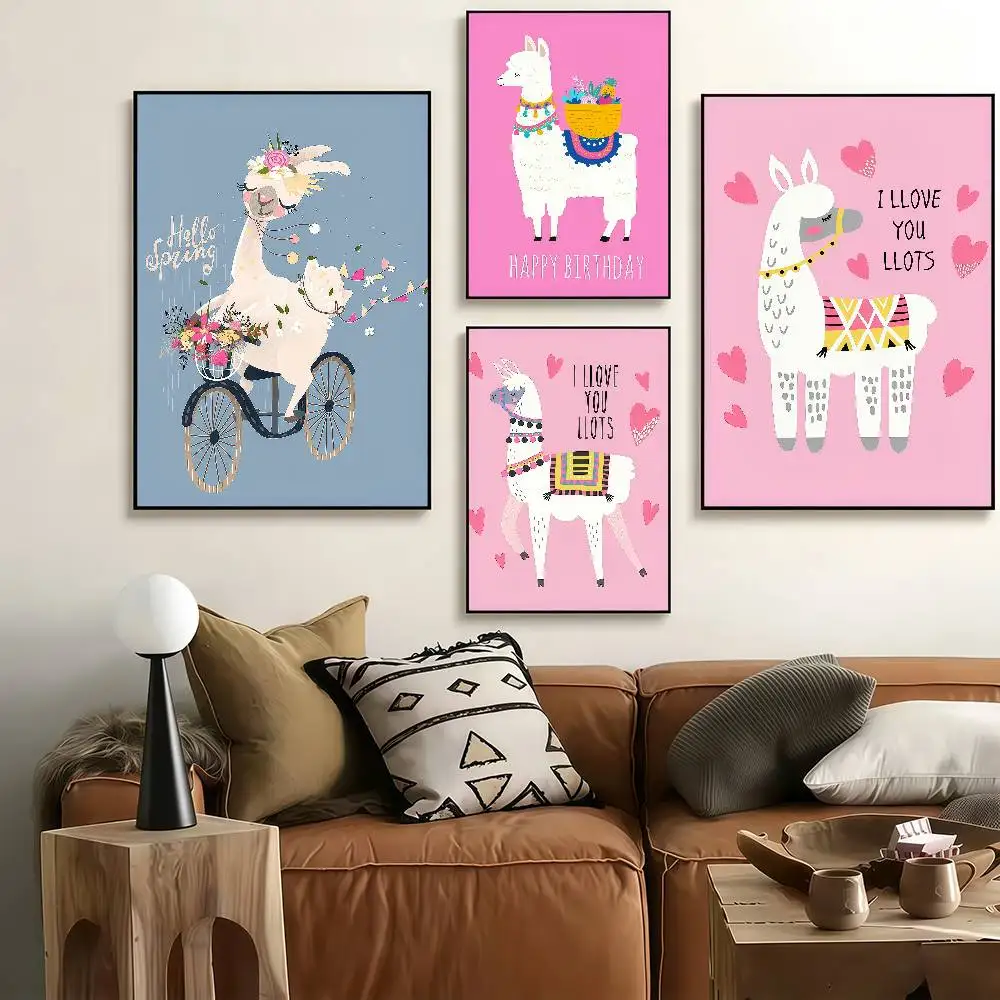 Cartoon Alpaca llama Poster Self-Adhesive Art Waterproof Paper Sticker Coffee House Bar Room Wall Decor