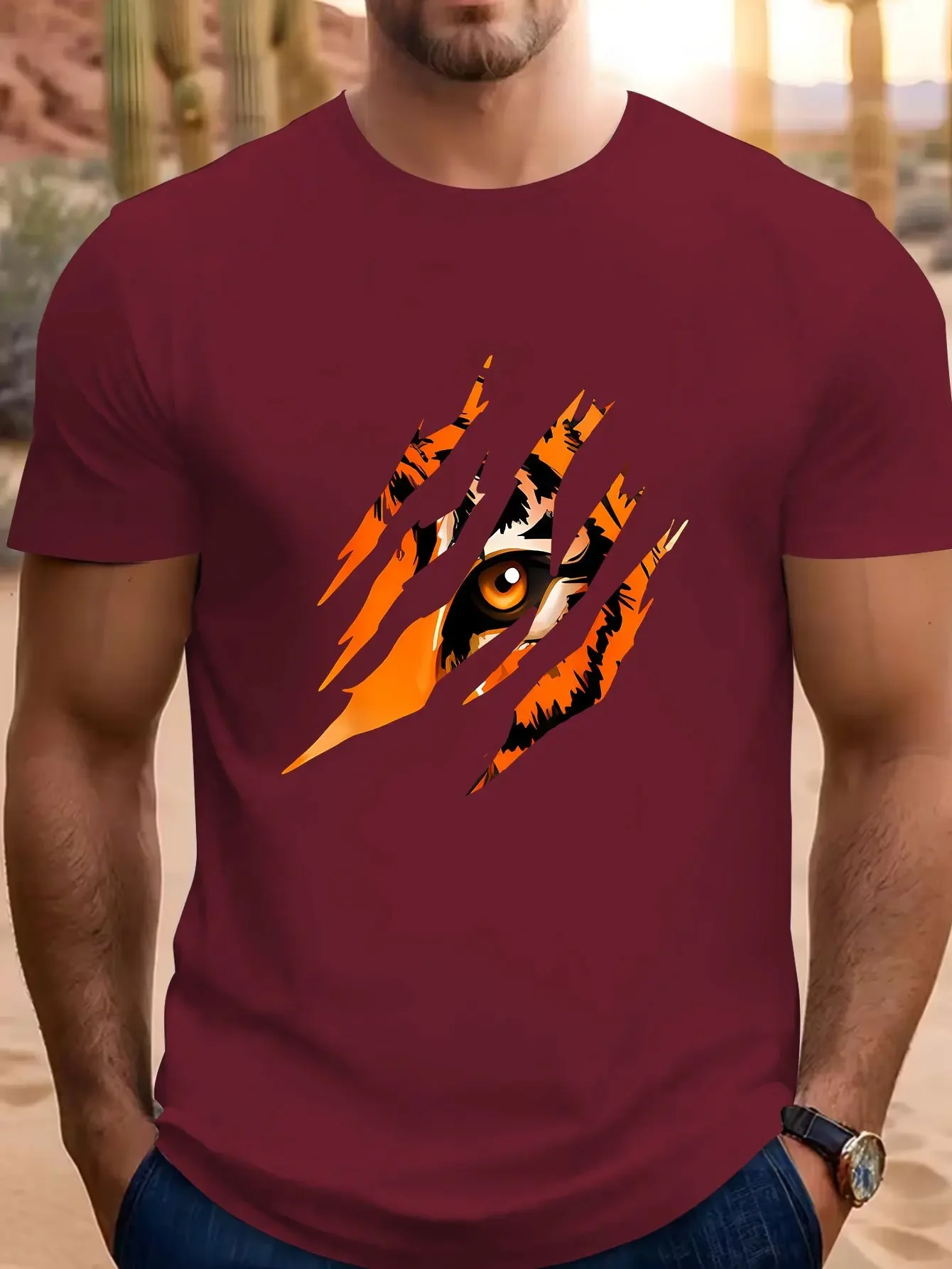 Trendy Men's Tiger Eye Claw Scratch Rip Effect 3D Print T‑Shirt Wild Beast Animal Print Short Sleeve Streetwear Casual Daily Top