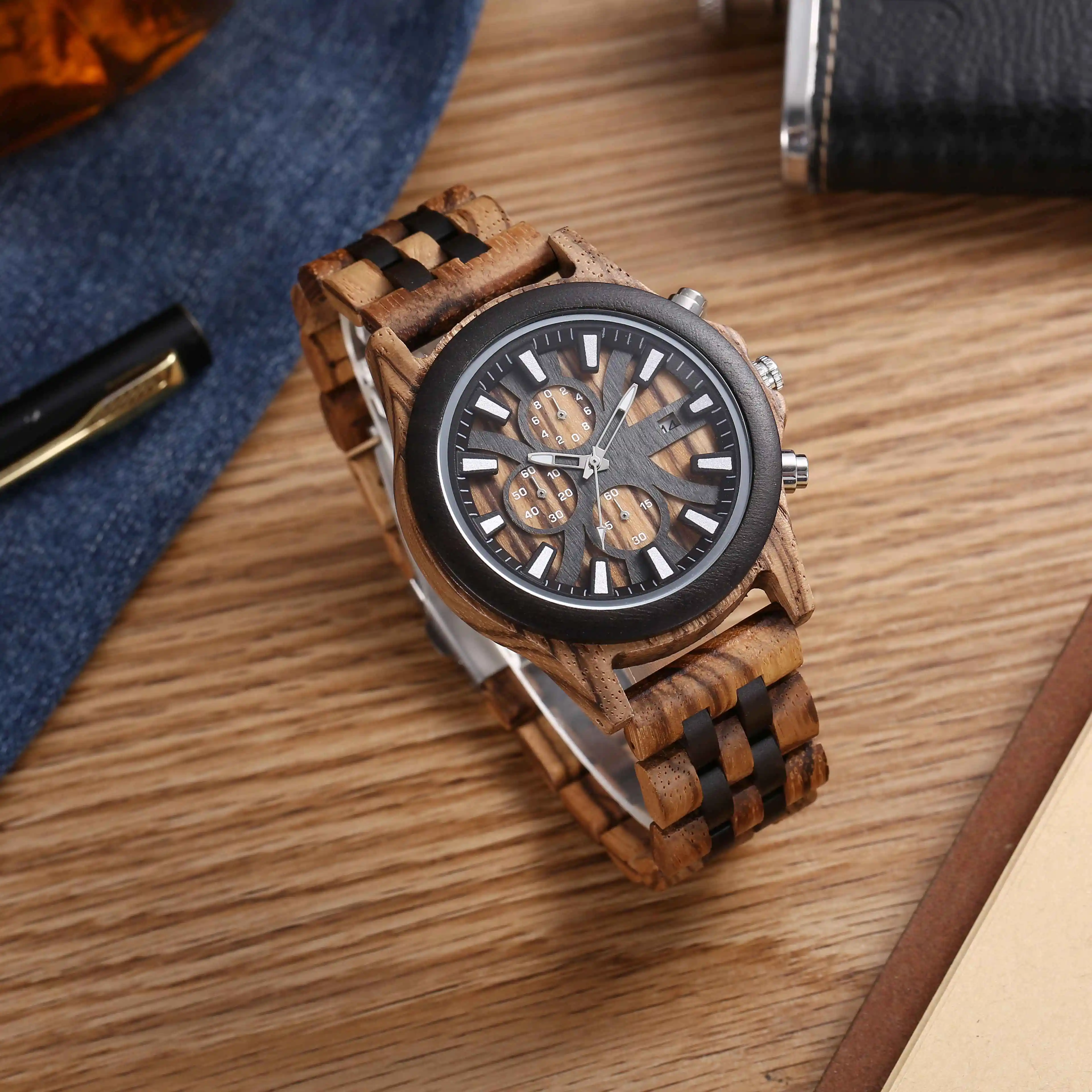 Business Herren nacht leuchtende multifunktion ale einfache leichte Uhr natürliche reine hand gefertigte Retro Holz waage Herren Holzuhr