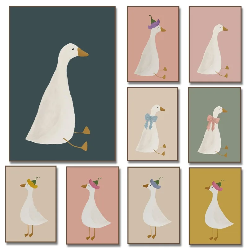 Cartoon Silly Cute Goose with  Floral  Poster Canvas Painting Print Nordic Wall Art Picture Nursery Kids Room Home Decor
