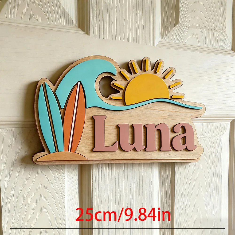 Custom Beach Wave Surfboard Sun Name Door Sign for Kids Bedroom Personalized Tropical Ocean Themed Wooden Nursery Plaque view 6