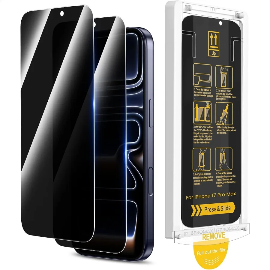 

2 упаковки для iPhone 17 Pro Max Защитная пленка для экрана с [прострым инструментом установки][Усовершенствованная пленка из закаленного стекла][AntiSpy] Ultr