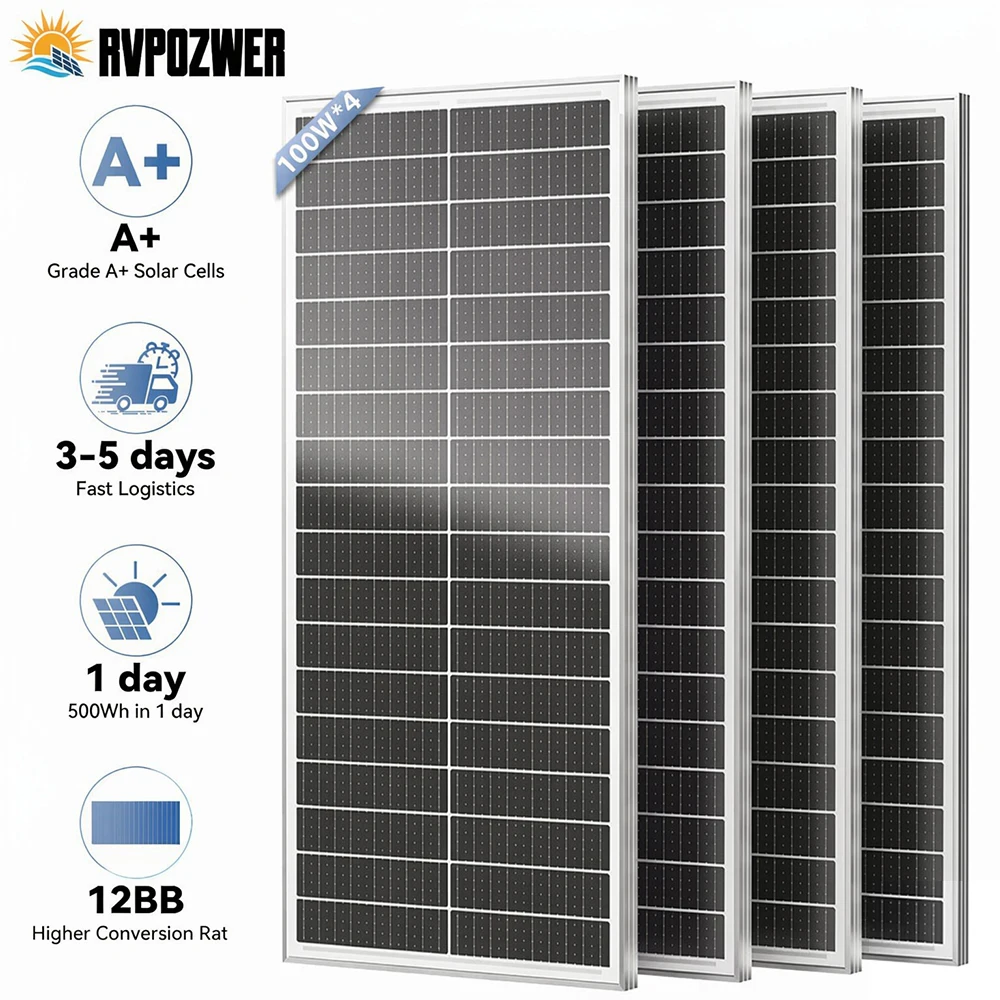 Rvpozwer 400W/200W/100W 12.8V 12BB Solar Cell Monocrystalline Solar Panel High Efficiency Module Charge Battery for RV Trailer