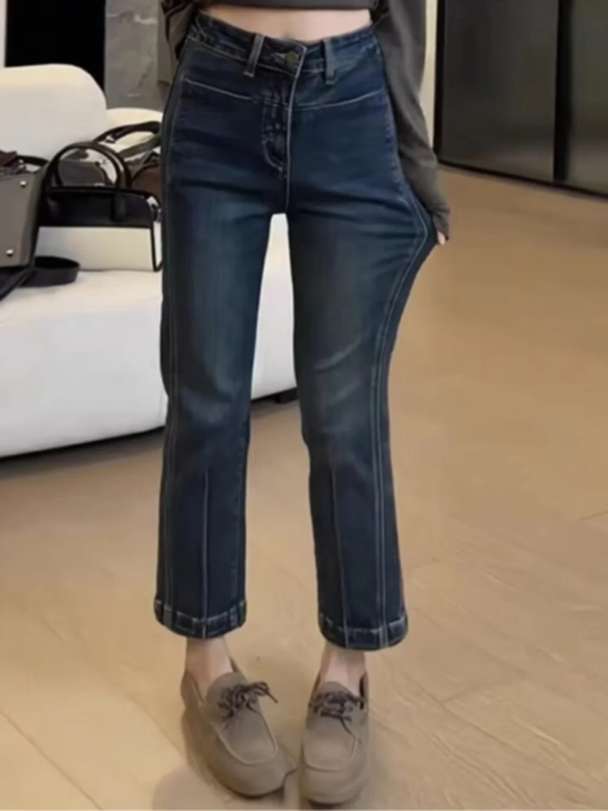 

Джинсы женские с высокой талией, прямые, больших размеров, эластичные, с эффектом похудения, весна-осень, из хлопкового стрейч-денима, длина до щиколотки, модель e P...