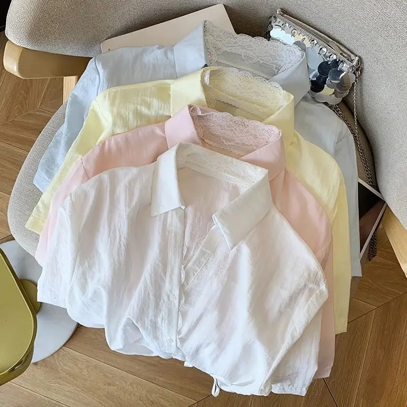 Gentle Lace Splice V-ne ort Sve irt Vita stretta con cintura Faion Top estivo da donna Coreano Sle Pendolarismo Vento Vestibilità ampia