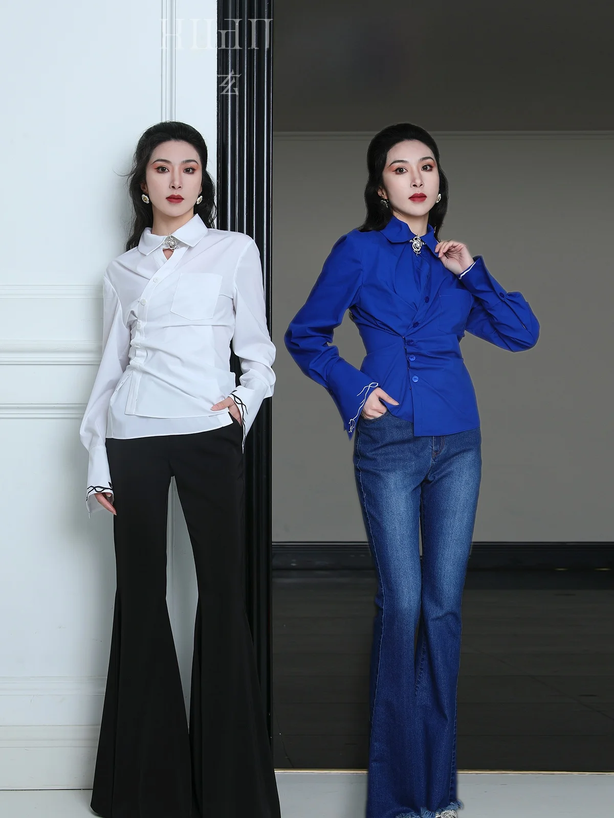 

Rose Embroidery Basic Sle irt Design Sense Two-Way Wear Cotton Polyester Blend Long Sve Busin Casual Faion