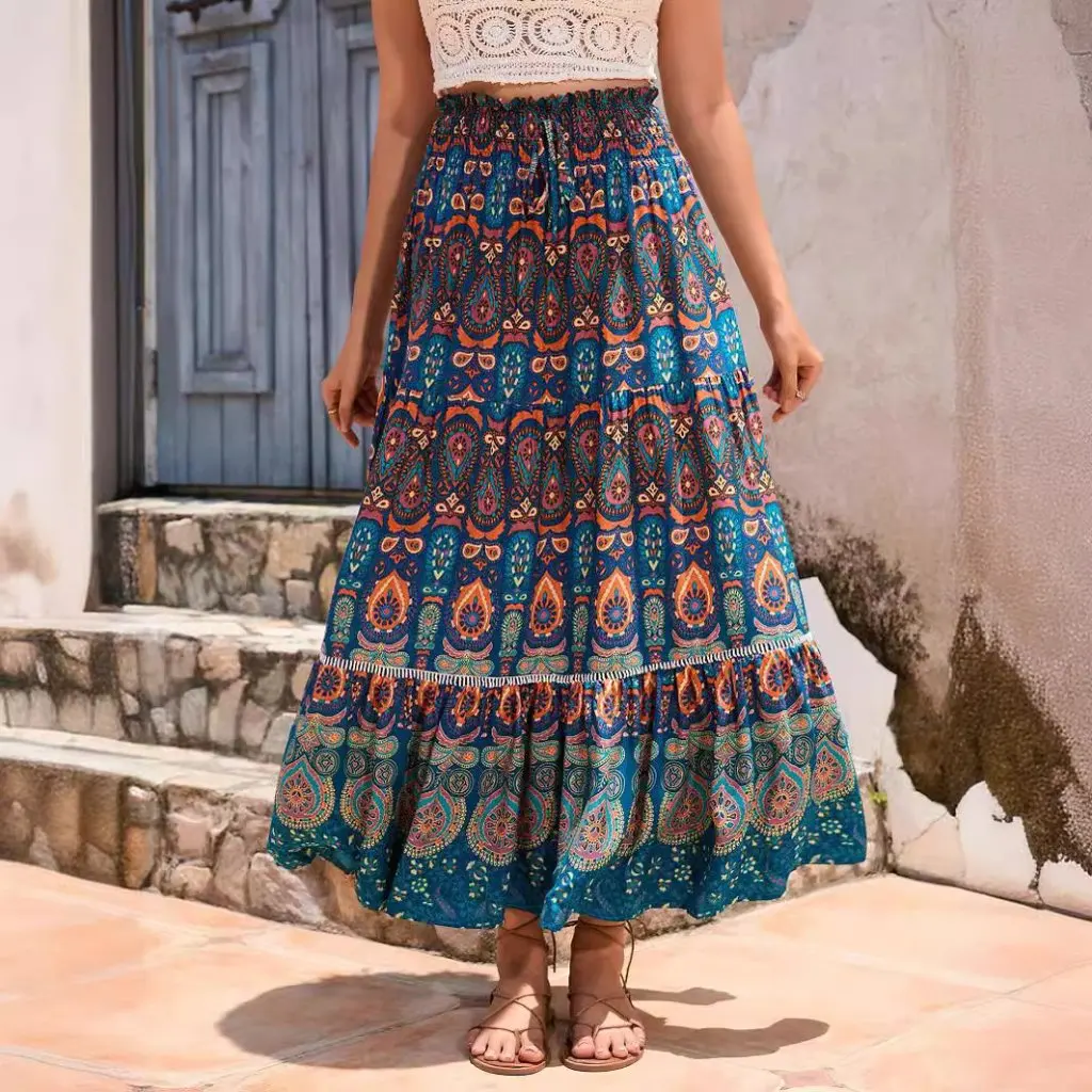 

High Waist Slim Fit Rayon Skirt Off-the-Shoulder Hollow Lace Stitching for Beach Holiday Style Women's Fashion