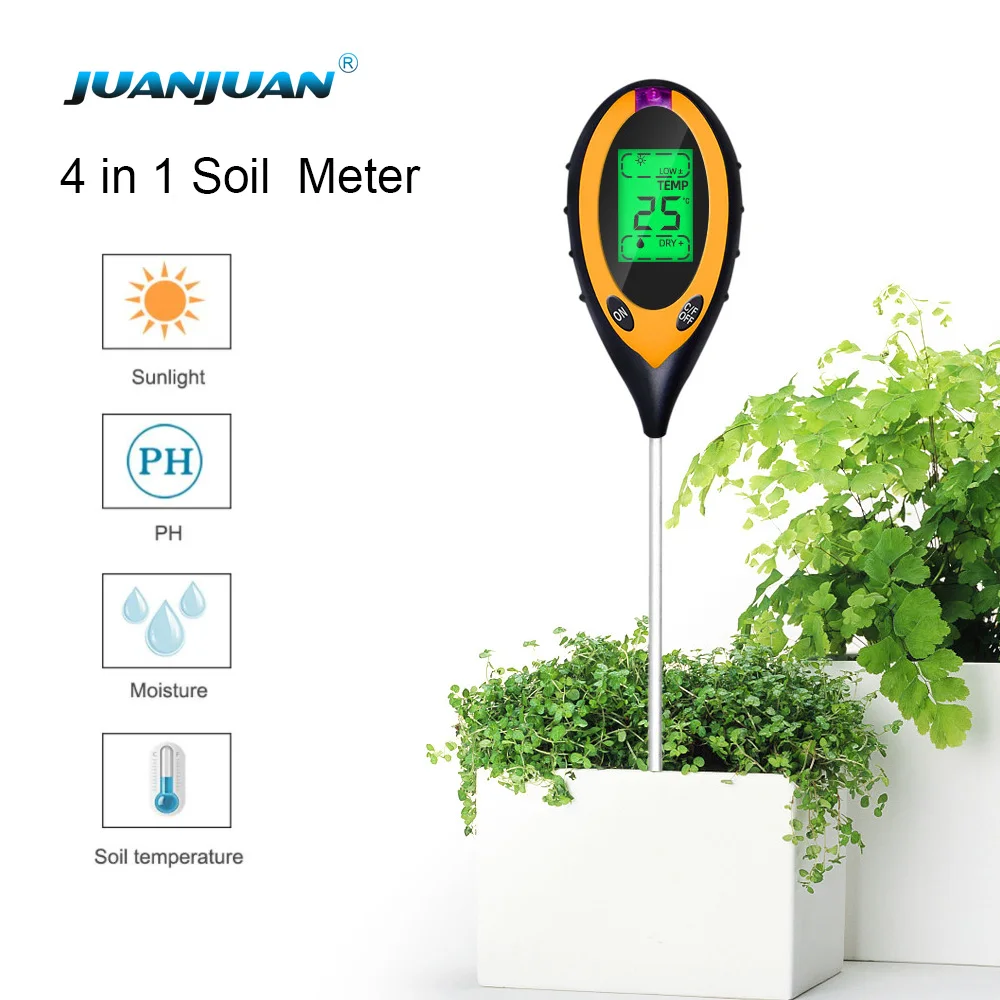 Professional Soil PH Meter 4 In 1 LCD Display Temperature Solar Moisture PH Garden Sunlight Tester for Gardening with Backlight