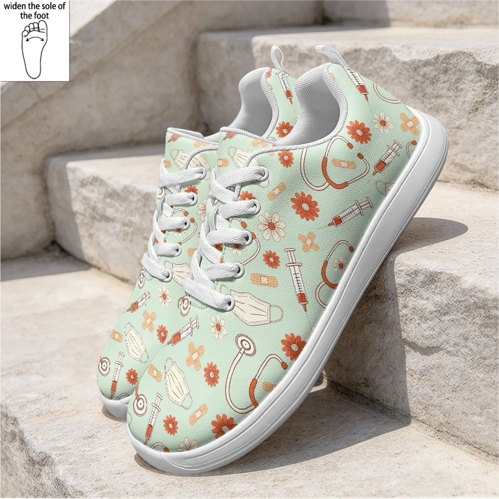 PENSTROLL Floral Medical Print Wide Width Work Sneakers for Women Hospital Standing Wipeable Nurse Shoes