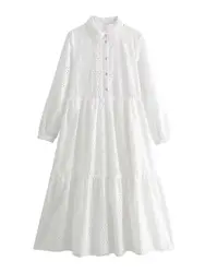 XNWMNZ 2024 Women's Fashion White Hollow out Embroidered Midi Dress Women Retro Lapel Long Sleeve Front Button Female Dresses