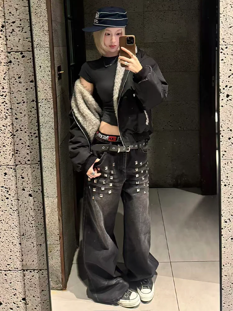 

Large Size Punk Style Rivet Denim Pants Women's Black Retro Wide Leg Floor Length Design Straight Cut Jeans High Waist Zipper...