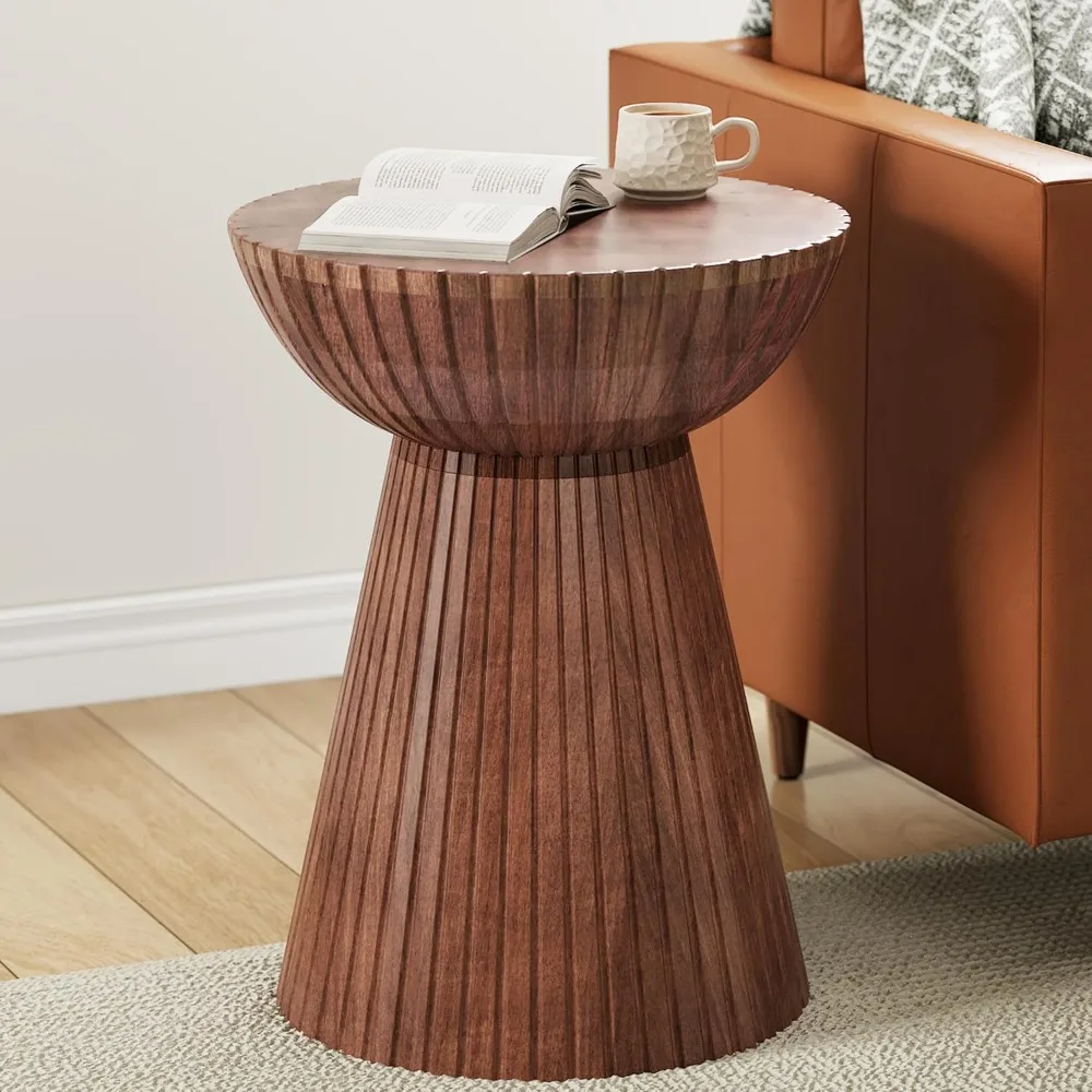 Solid Mango Wood Round End Table - Bohemian Style Small Sofa Side Table with Vintage Drum Design for Farmhouse and Nightstand Us