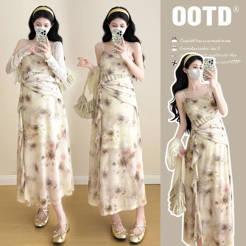 Maternity Suit Summer New Arrival Gentle Elegant Sweet Cardigan And Sling Printed Dress With Ruffle Split Hem Two Piece Set