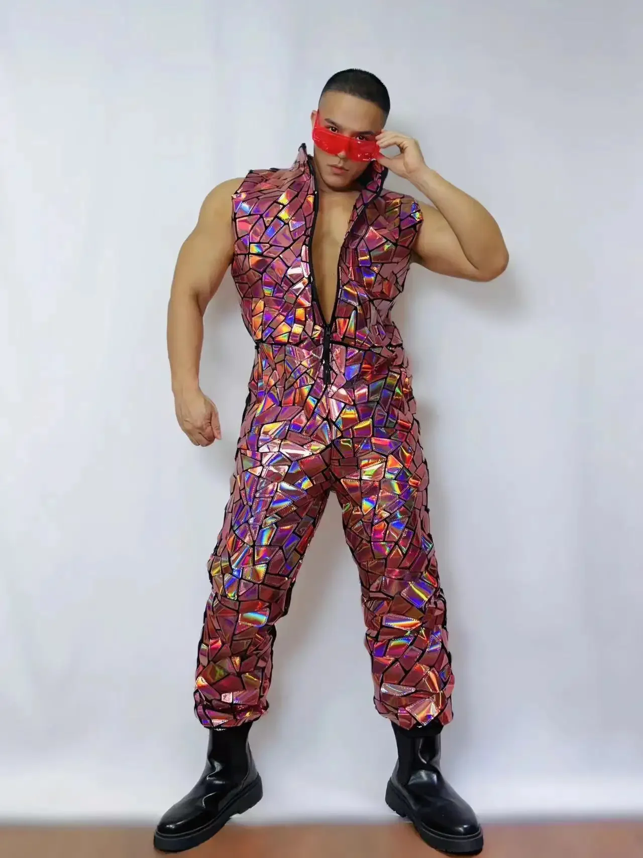 Gold Mirror Laser Sleeveless Jumpsuit Male Singer Dancer Team Performance Clothes Hip Hop Jazz Dance Overalls Club Party Costume