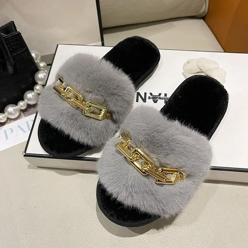 Fluffy Fur Slippers 2024 New Fashion Chain Design Women Home Slippers Winter Indoor Open Toe Flat Non-slip Leisure Female Shoes