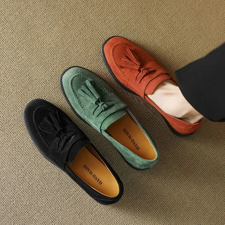 

French Design Women Flats Slip On Leisure Autumn Black Work Stilettos Vintage Green Loafers Tassel Decor Creeper Espadrilles