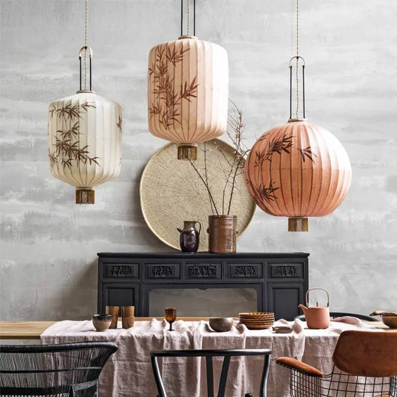 Chinese Painting fabric pendant lamp led hanging Lantern Lamp with tassel Restaurant Hotel Tatami Bamboo Leaf Pattern Decor Ligh