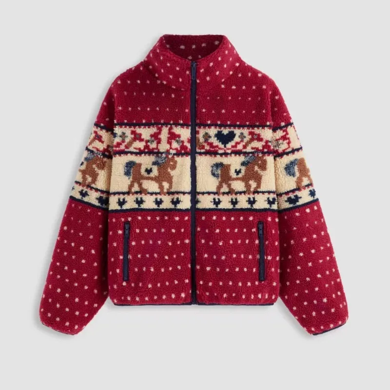 

Christmas Moose Print Women's Cotton Jacket Autumn Winter New Style Casual Zipper Pocket Long-sleeved Warm Coat Female 2025