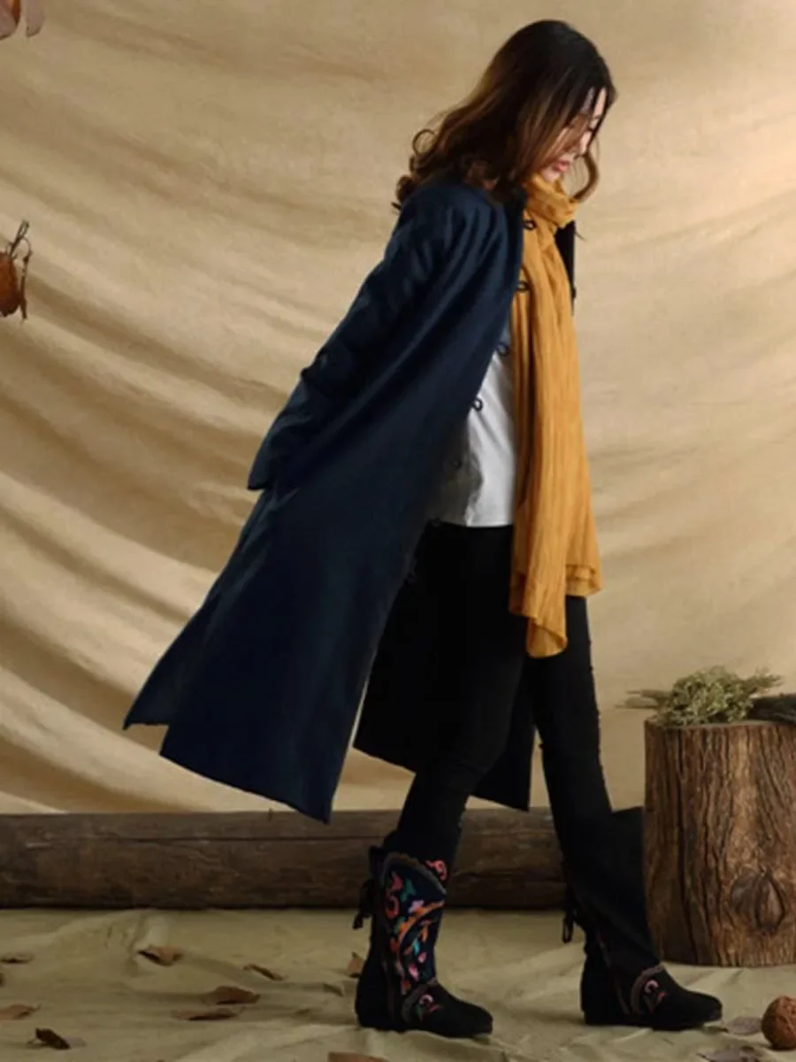 Męski i damski płaszcz z tekstury bawełny i lnu, długi zimowy płaszcz w stylu vintage, jednorzędowy, zapinany na guziki, luźny kombinezon, bawełniana kurtka.