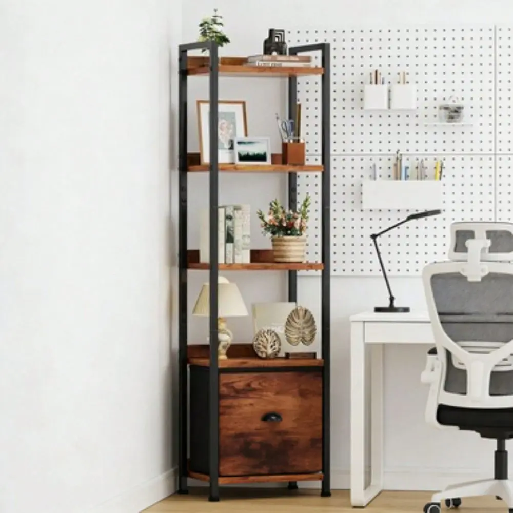 

Tier Bookshelf With Drawer, Tall Narrow Bookcase Storage Organizer, Wood And Metal Industrial Display Standing Shelf Unit For B