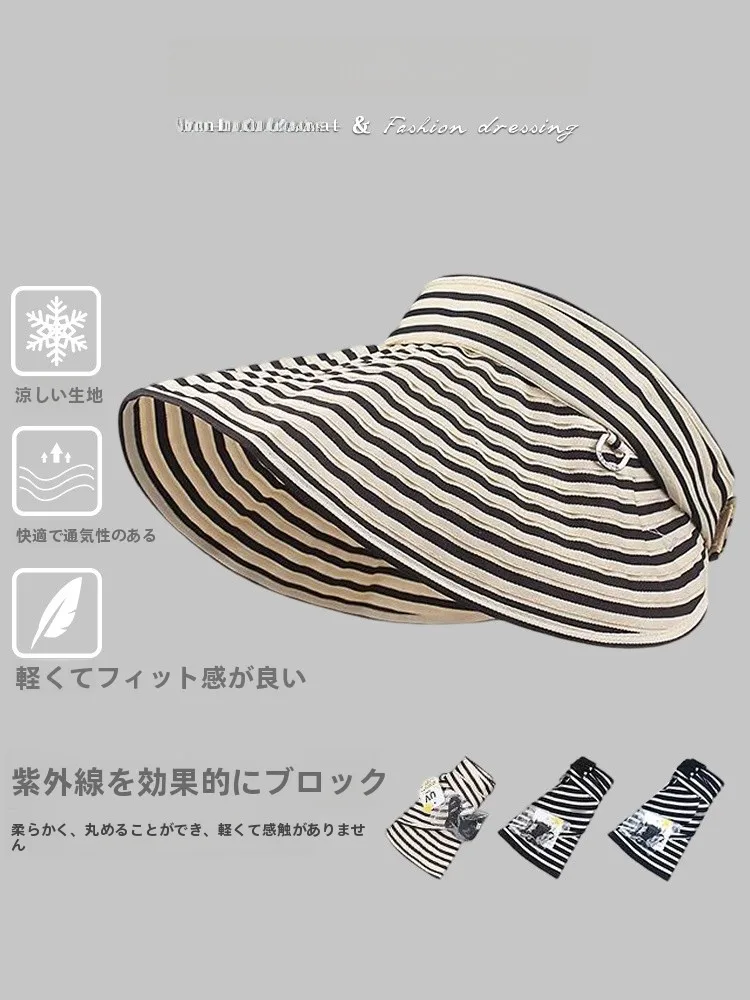 

Women's Spring Summer Faionable Striped Emp Top Hat with Large Brim for Travel And Sun Protection Can Be Folded And Tied