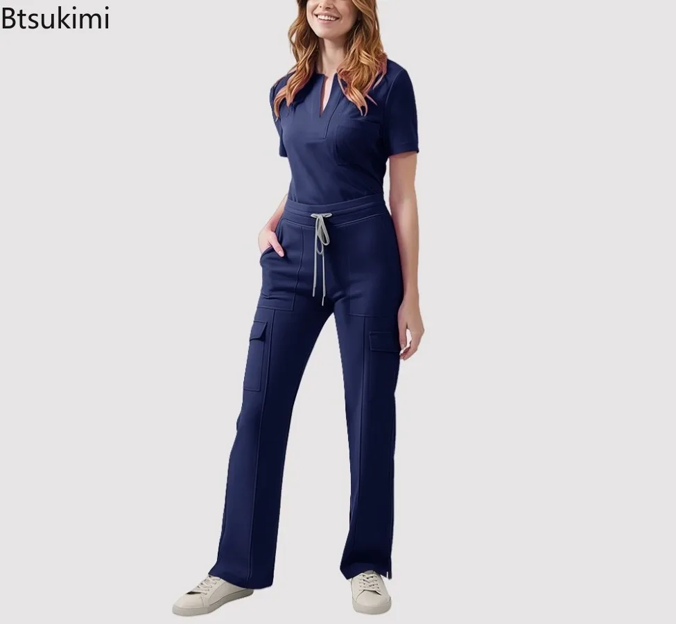 Medical Scrubs Uniform Women Nurse Scrub Set Pocket Top+Pants 2 Piece Suit Nursing Operating Room Clothes Beauty Salon Work Wear