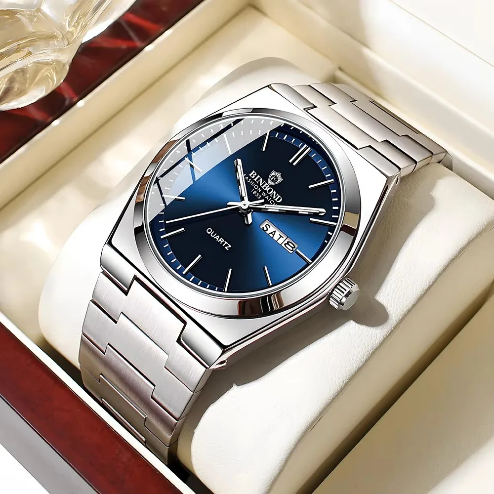 Reloj UTHAI W004 para hombre, de acero inoxidable, con doble calendario, resistente al agua, para negocios, ocio, moda, reloj de cuarzo, marca de lujo ligera