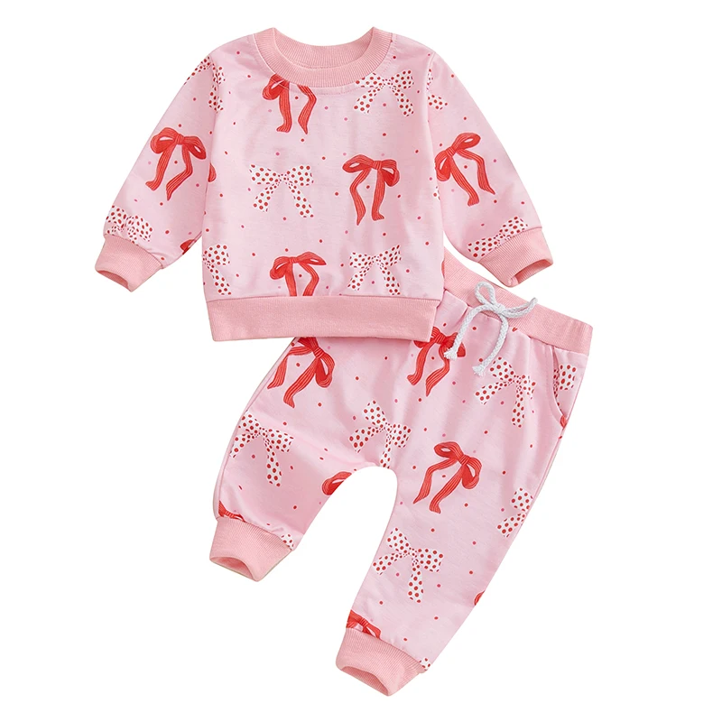 Kids Baby Girls Outfits Cute Bow Print Activewear Long Sleeve Sweatshirt and Elastic Pants Set 2 Piece Toddlers Fall Clothes