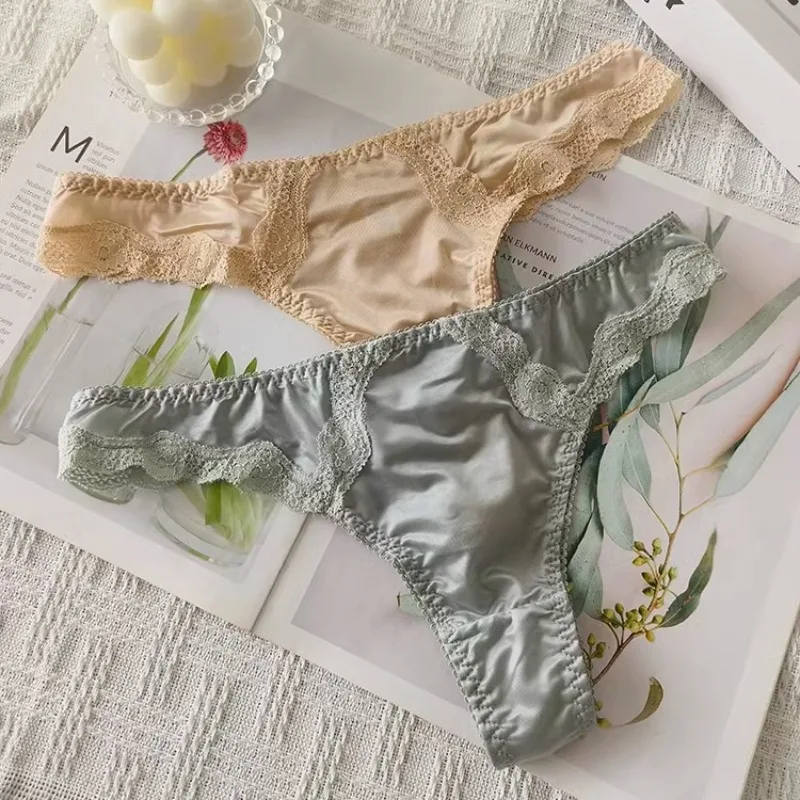 

SP&CITY European Lace Sexy Thongs Embroidery Ice Silk Breathable Hollow Out Sexy Panties Women's Quick Dry Transparent Underwear